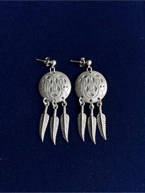 Vintage Signed EGE 90 Pewter Southwestern Feather Dangle Earrings
